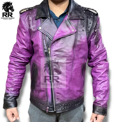 Men's Handmade & Hand Painted Punk Spiked Studded Patches Style Leather Jacket - Image 1 of 3