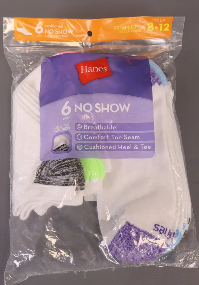 6 Pairs Hanes No Show Cushioned Socks Shoe Extended Size 8-12