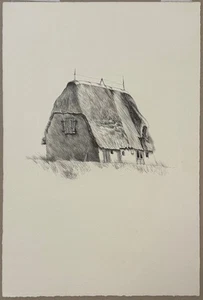 Rüdiger Pauli, casa con tetto di paglia, disegno a matita - Foto 1 di 1