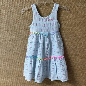 Juicy Couture Dress Girls 4T Light Blue Pink Embroidered Stitch Tiered Tank Pom - Picture 1 of 10