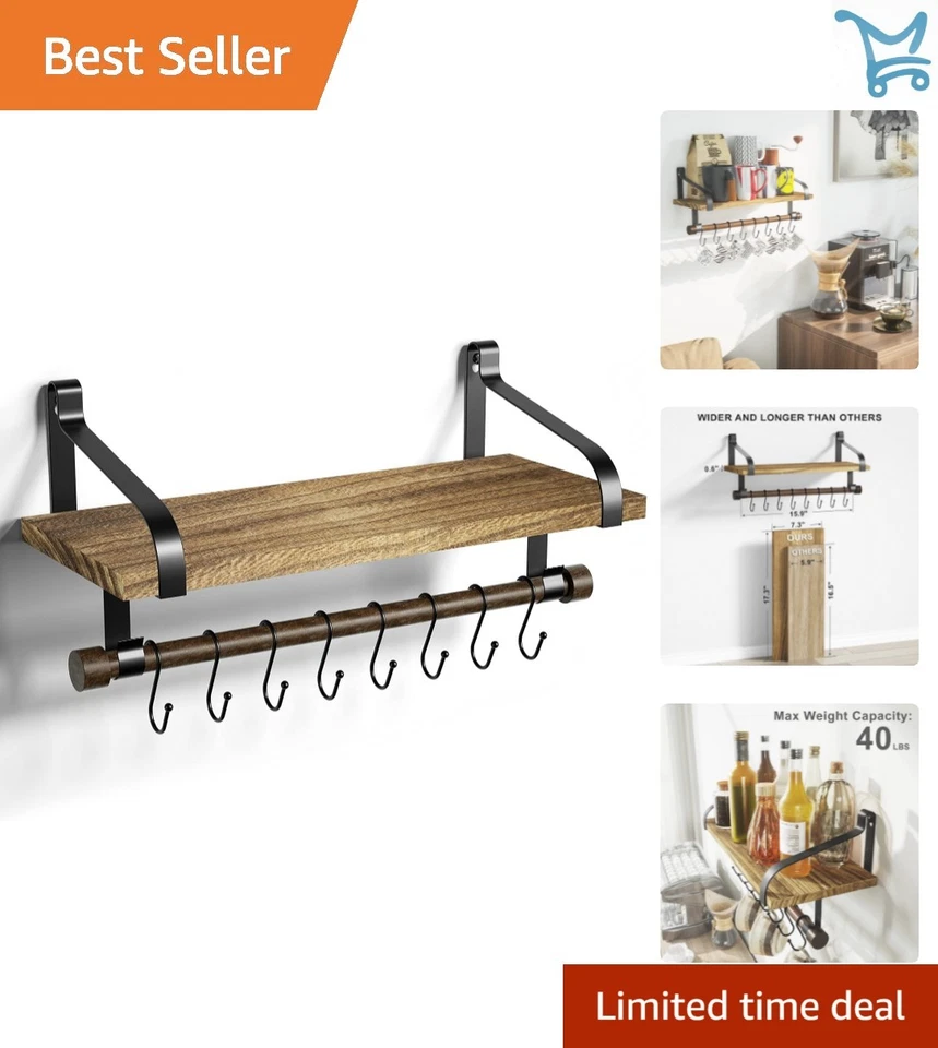 Wall Shelf Storage Rack Rustic Wood Kitchen Towel Bar Utensils Mugs Cups 8 Hooks