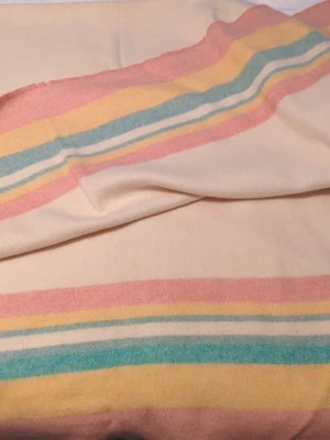 Vintage RAINBOW Stripe Blanket Pure Wool Pink Blue Made In Canada Ayers 72x86" - Image 1 of 4