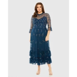Neu mit Etikett Mac Duggal hochgeschlossen verziertes Flatterkleid halblang Ärmel - Größe 18W - Bild 1 von 8