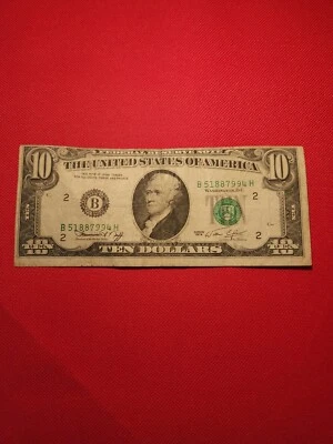 Series 1974 Ten Dollar 10$ Green Seal New York Fed. Note Off Center! #B51887994H - Image 1 of 4