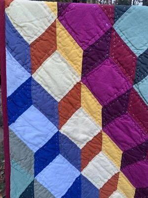 Multicolor Pyramid Tumbling Blocks Kaleidoscope Quilt 68”W 85”L  Handmade - Image 1 of 4