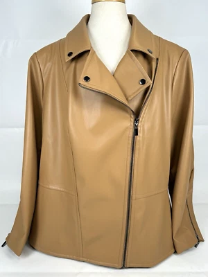 Lane Bryant Sz 26 Faux Leather Biker Moto Jacket Camel Tan Full Zip Pockets - Image 1 of 4