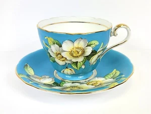 Aynsley England Porcelain Cup & Saucer Blue w/ White Dogwood Flowers ~ T223 - Picture 1 of 10