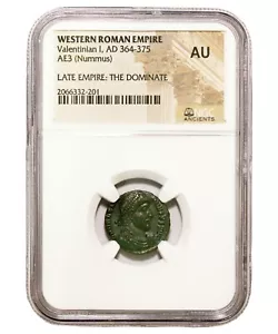 NGC AU Roman AE3 of Valentinian I AD 364-375 ALMOST UNCIRCULATED NGC Certified - Picture 1 of 3