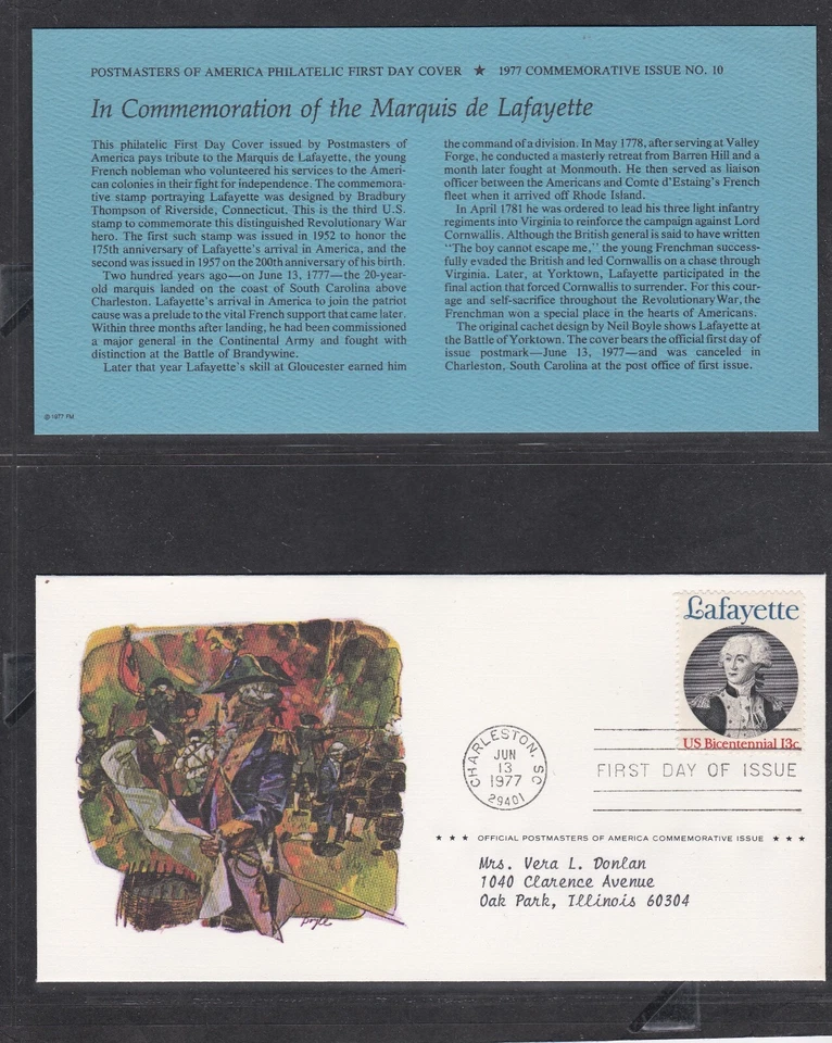 USA 1977 FIRST DAY COVER BICENTENNIAL MARQUIS DE LAFAYETTE + CARD + CACHET - Image 1 of 1