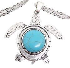 Turtle Turquoise Necklace Pendant Large Boho Ethnic Chain Statement 31" Chain 