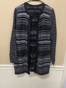 Talbots Black Striped Sparkle Open Front Long Cardigan Sweater Jacket Size M - Picture 1 of 7