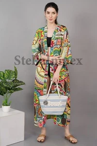 Trendy Cotton Kimono Elegant Multi Color Bathrobe Resort Wear Beach Bikini Cover - Picture 1 of 6