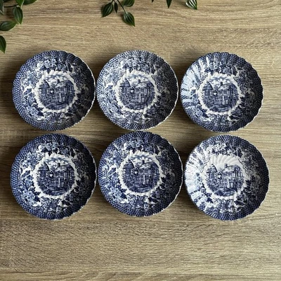 Vintage Merrie Olde England Hostess Tableware Ironstone 6 Saucers Blue White 5” - Image 1 of 4