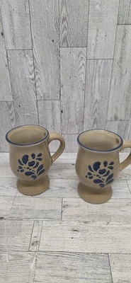 Set of 2 Pfaltzgraff Folk Art 5" Footed Pedestal Coffee Mugs Tan Blue Floral - Image 1 of 4