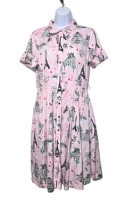 Karl Lagerfeld Dress M Paris Graphics Pink Classic Hearts Preppy Retro Button Up - Picture 1 of 15