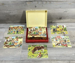 Vtg Germany Hermann Eichhorn Picture Wooden Cubes 6-Sided Block Puzzle Case Farm - Picture 1 of 13