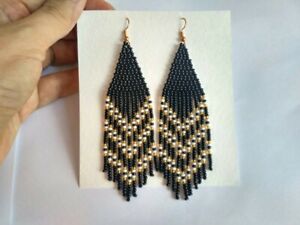 Black long seed bead fringe earrings Handcrafted woman boho jewelry gift earring
