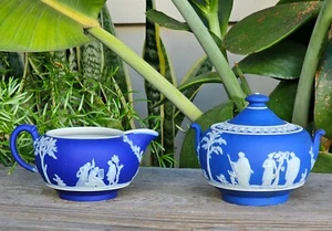 Vintage Wedgwood Jasperware Covered Sugar Bowl Creamer Set Neoclassical Pattern - Picture 1 of 24