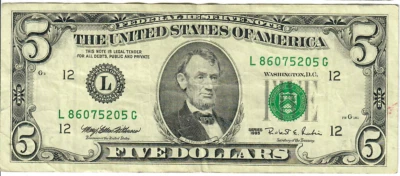 1995 5$ FRN - Small portrait w/ security thread - MEW/RER L86075205G - #15319 - Image 1 of 2