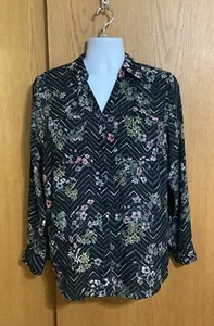 DAMENGRÖSSE 0X "MAURICES" SCHWARZ GEBLÜMT LANGARM GEKNÖPFT KARRIERE BLUSE - Bild 1 von 6