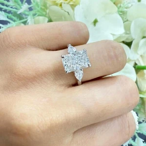 IGI 3.00CT E/VS Lab Grown Radiant with Side Pear Diamond Trilogy Ring, Platinum - Picture 1 of 13