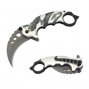 7" Overall Spring Assisted Karambit Knife w/ Stainless Blade and Dragon Artwork  - Picture 1 of 6