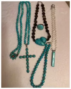 4 Turquoise Necklaces- 1 ring - Turquoise- Pearls- S Silver - Smoky quartz - Picture 1 of 1