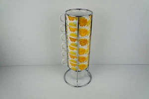 Daisy Flower Tower Stacking Ceramic Cup Coffee Mug White & Yellow 6 Cup 1 Stand - Picture 1 of 8