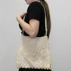 Vintage 70s String Macrame large shoulder Bag with Fold over Top - Picture 1 of 10