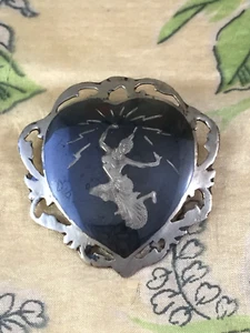 Vintage Siam Sterling Silver Niello Heart Shaped Brooch with Dancer - Picture 1 of 7