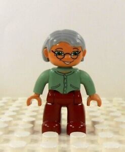 Lego Duplo Figure Grandma gray hair olive/maroon