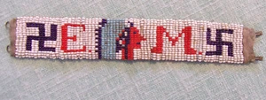 ANTIQUE HAND BEADED BRACELET INDIAN CHIEF GOOD LUCK SIGN LEATHER BACK - Picture 1 of 5