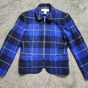 Vintage Jones New York Jacket Women 8 Blue Plaid Wool Blend Full Zip Torn Lining - Picture 1 of 9