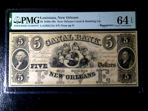 $5 1840s - 1850's New Orleans Canal & Banking Co. PMG 64 Choice Unc. - Picture 1 of 8