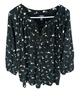 CHAPS Shirt Size Large Black Floral Boho Cottagecore Popover Spring Summer Top - Picture 1 of 7