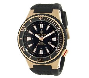 POSEIDON Herren-Armbanduhr XL Quarz, 15 Bar, Datum, Silikon UP00608 Schwarz/Rosé