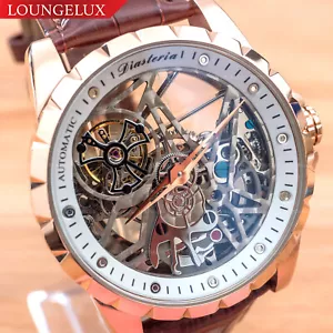 Herren Luxus Skelett Automatische Mechanische Uhr - Roségold Weißes Zifferblatt Leder - Bild 1 von 12