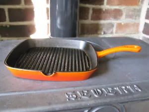 Orange Gusseisen Bratpfanne Grillpfanne Pfanne mit Griff zum Aufhängen & Ausgießen gut - Bild 1 von 13