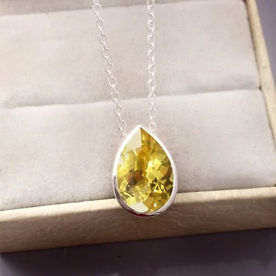 Naturale Ceylon Giallo Zaffiro 925 Argento Ciondolo Anniversario Fidanzamento - Immagine 1 di 4