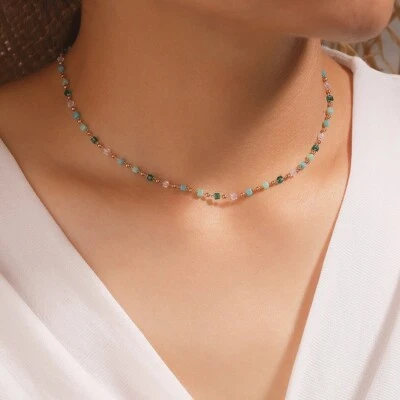 Damen Halskette Perlenkette Grün Gold Feine Kette Kettchen Geschenk für Frauen - Bild 1 von 3