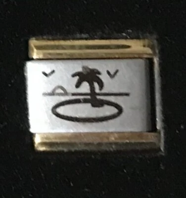 Palm Tree Birds Beach GOLD TRIM ITALIAN CHARM Laser Link 9MM K16 - Image 1 of 2