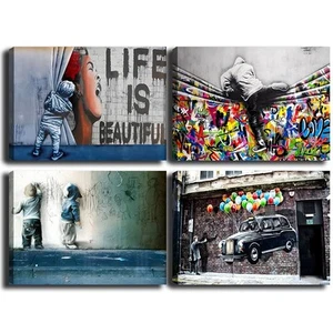 Banksy Graffiti Wall Art - Large Framed Canvas Prints for Home Decor 8x12inch - Picture 1 of 7