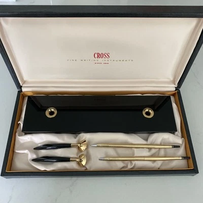 Juego de escritorio vintage dorado GF Cross bolígrafo y lápiz con base de ónix negro hecho en EE. UU. Foto 1 de 4