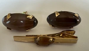 Braun Achat Manschettenknöpfe und Krawattennadel goldfarben poliert Statement Modernist Anson - Bild 1 von 7