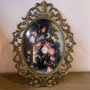 Quadro vintage vittoriano floreale convesso ornato ottone incorniciato FR Italia bouquet floreale - Foto 1 di 8
