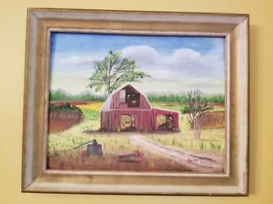 QUADRO ACRILICO SU TELA ORIGINALE SCENA FATTORIA ESTIVA CORNICE VINTAGE - Foto 1 di 5