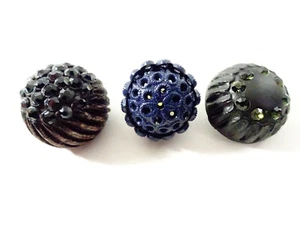 3 Vintage BALL BUTTONS Black Rhinestones Shank End - Picture 1 of 2