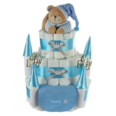 Große Windeltorte Schloss | Musikspieluhr Bär blau | personalisierbar - Bild 1 von 4