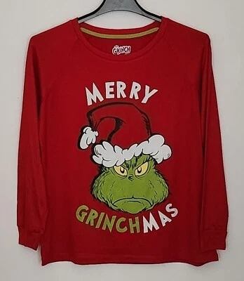 Dr Seuss Merry Grinchmas Top Size M Red Long Sleeve T Shirt Grinch Christmas - Image 1 of 4