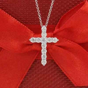 Cross Pendant Round Cut 1Ct Lab Grown Diamond 10k White Gold With 18" Chain - Picture 1 of 9